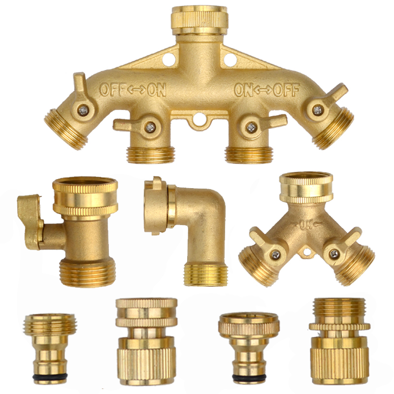 Smart Garden Hose Valve - ヘビーデューティ真鍮 1-2-4 ウェイスプリッターガーデンホース六角コネクタ、快適なグリップ付きシャットオフバルブアダプター水栓用