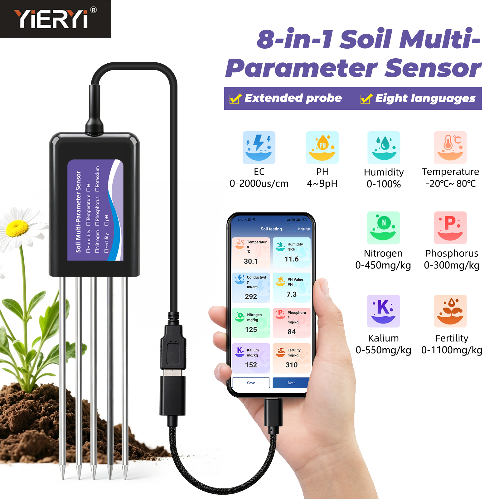 Smart Garden Moisture Sensor - Yieryi 8-in-1スマート土壌NPK pH EC温度水分センサーアプリデータロガーテスター肥沃度計（庭、農業、芝生用）IP68