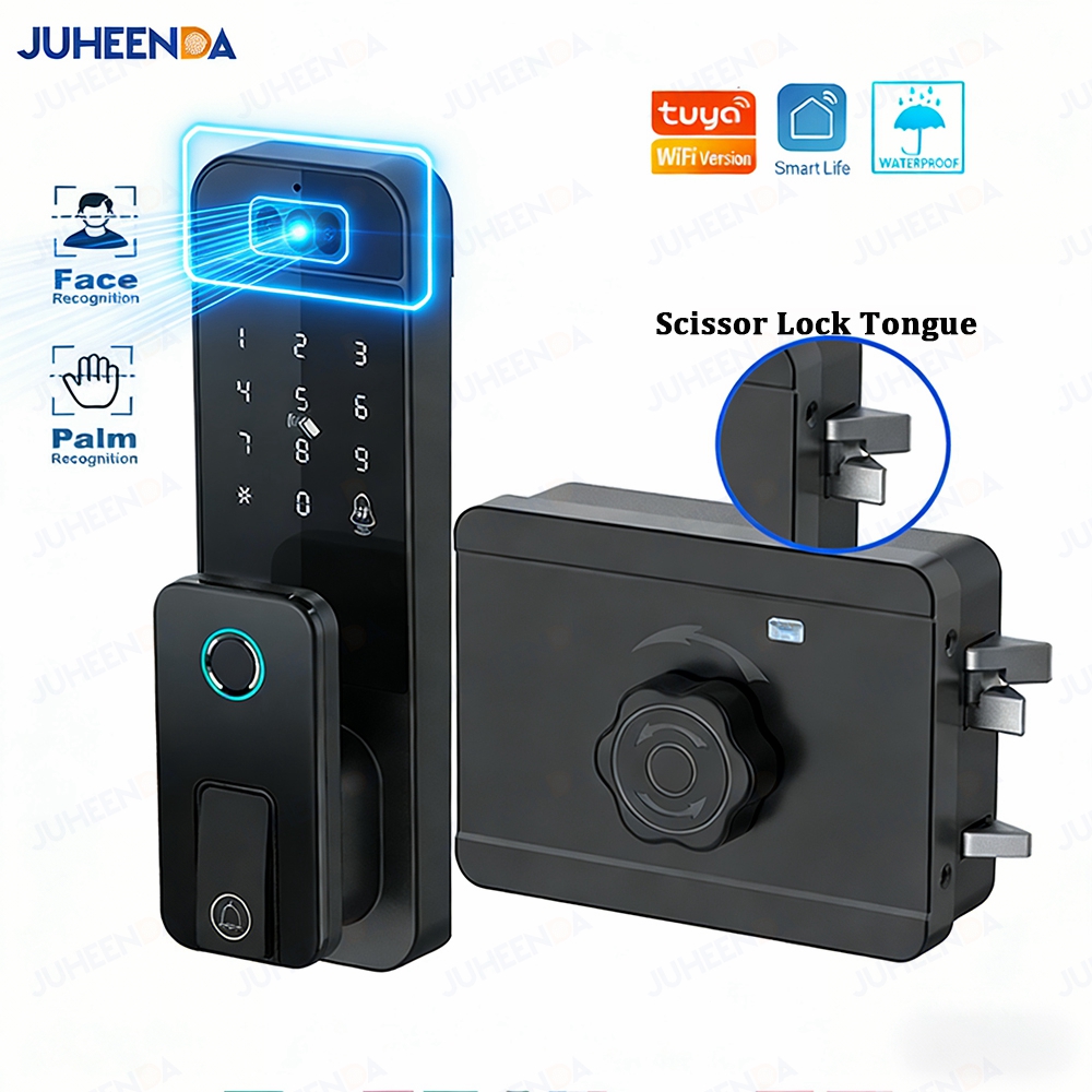Smart Garden Door Lock - Tuya WiFi スマートドアロック顔認識手のひら指紋パスワード IC カードロック防水シザータング電子ゲートロック