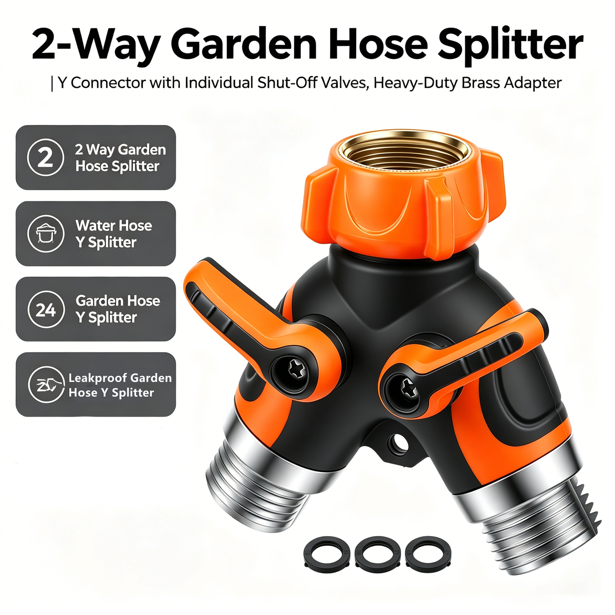 Smart Garden Hose Valve - 3/4インチGHT 2方向ガーデンホースY型スプリッター、デュアル独立遮断バルブ付き、ヘビーデューティー水栓コネクター、漏れ防止、ワッシャー付き