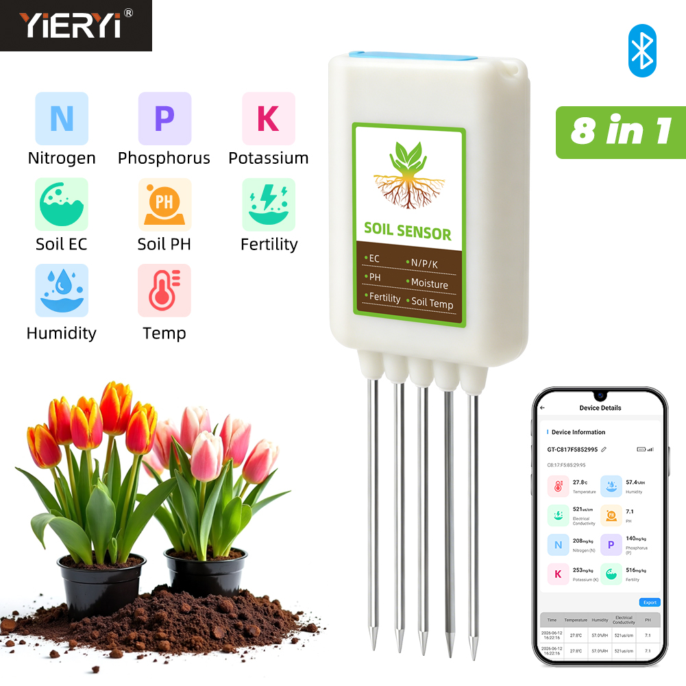 Smart Garden Moisture Sensor - Yieryi Bluetooth 8 in 1土壌テスター NPKセンサー
