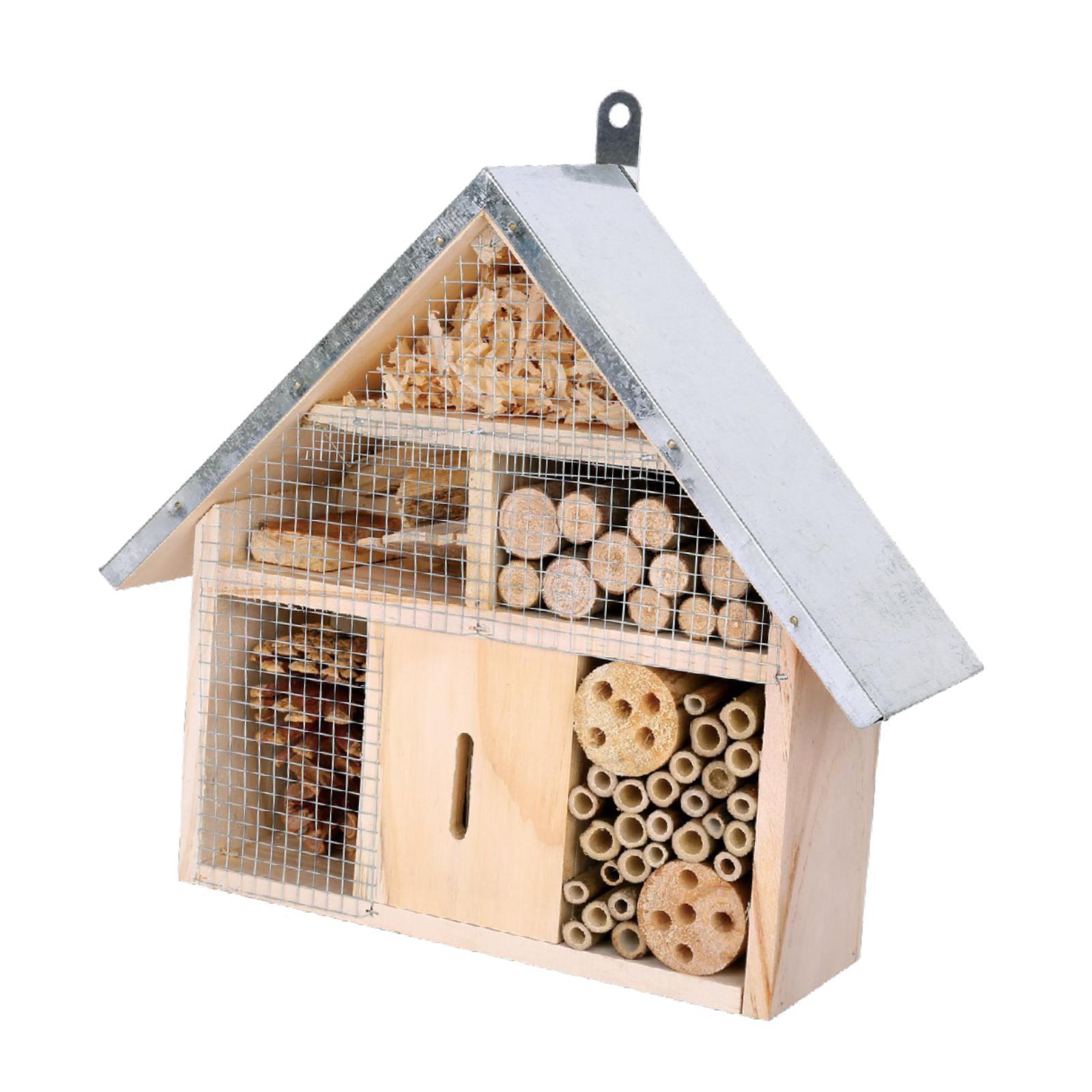 Insect Hotel Wood - 庭の蜂の家 木製吊り下げ式ホテル 自然な養蜂シェルター 屋外の蜂の巣の装飾 裏庭用