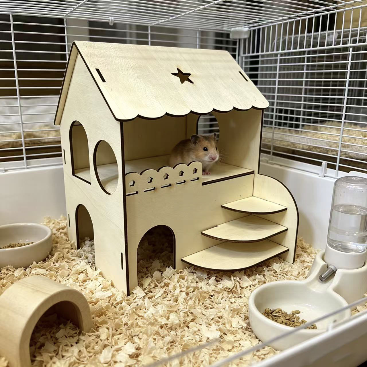 Insect Hotel Wood - ハムスター用2階建て木製家、階段付き、ゴールデンハムスター用隠れ家プラットフォーム、おもちゃケージインテリア装飾スペシャル