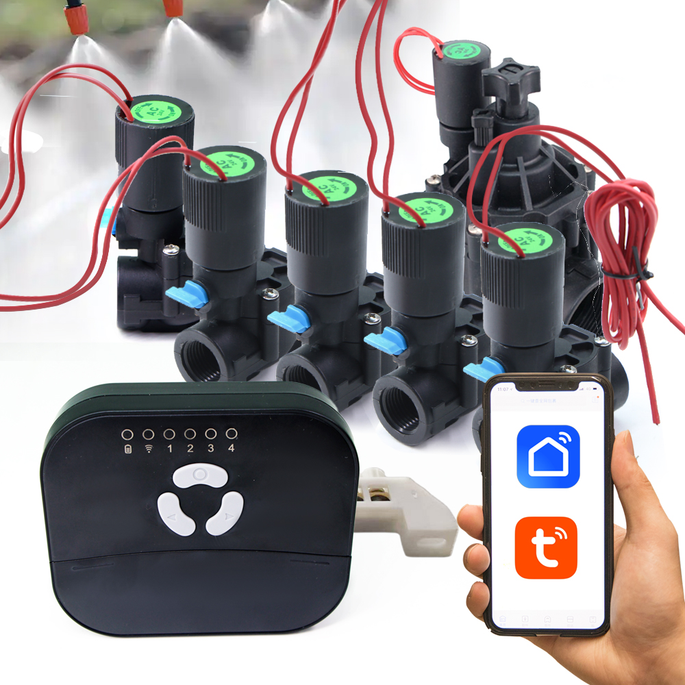 Smart Garden Valve - 庭の芝生の灌漑システム,4つのゾーン,ワイヤレスリモコン,音声制御,インテリジェントウォータータイマーを備えたソレノイドバルブ制御ホース