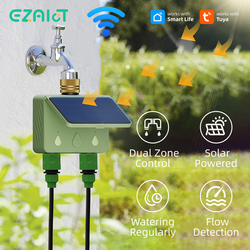 Smart Garden Lock - WiFi水タイマー 2ゾーン ソーラーパワー スマートTuyaガーデン自動灌漑システム 流量計 ドリップスプリンクラーコントローラー